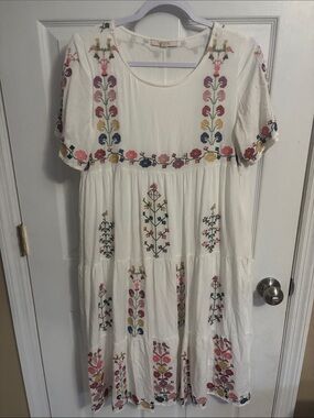 Antoinette Embroidered Cream Midi Dress with Multicolor Floral Details